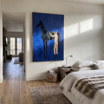 Amber Trail Wait beneath the Stars - figure and horse painting by Isabelle Laurent, modern Western vertical wall art – styled room scene view 5