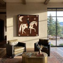 Still Hooves Carry the Morning - horse and rider painting by Isabelle Laurent, modern Western square wall art – styled room scene view 1