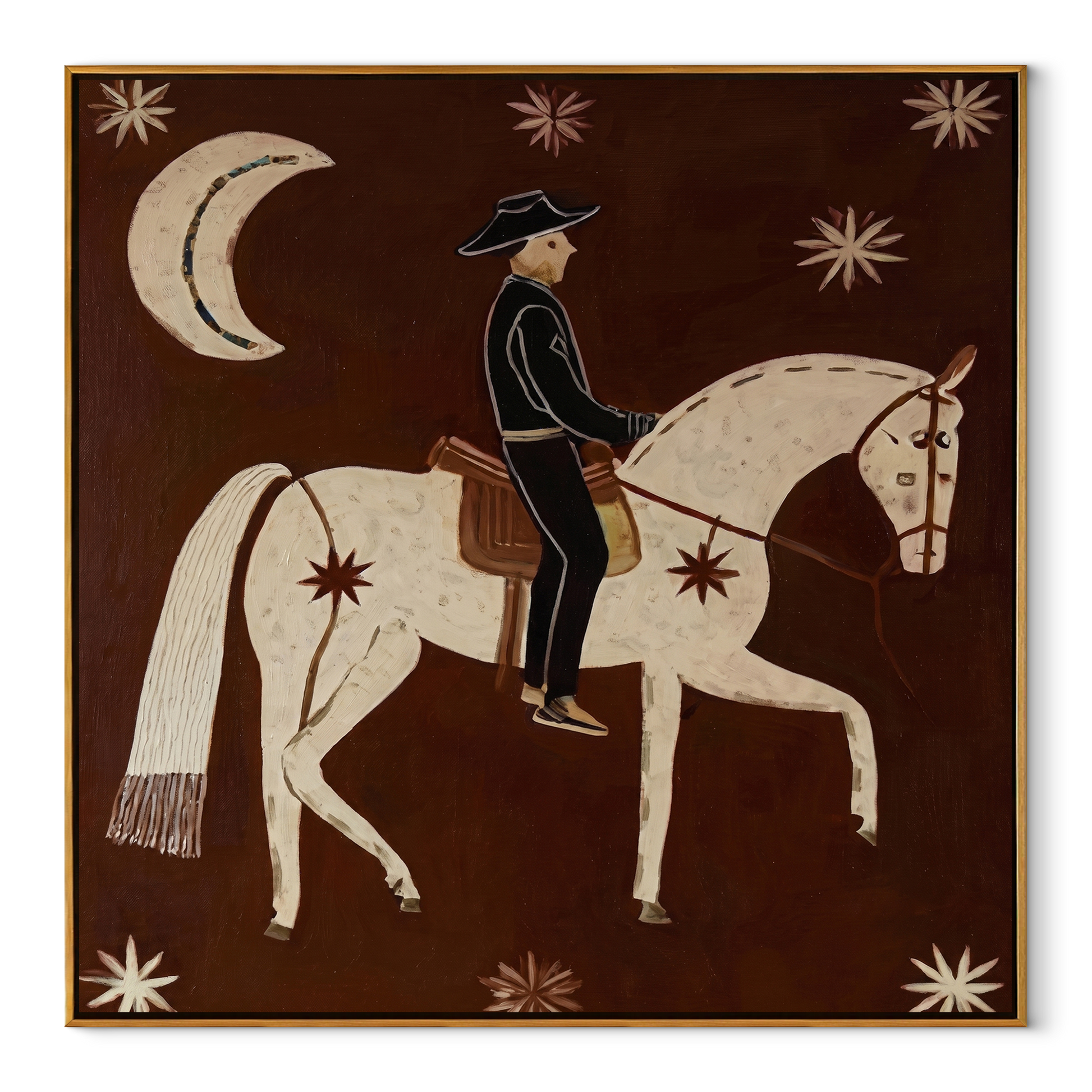 Still Hooves Carry the Morning - horse and rider painting by Isabelle Laurent, modern Western square wall art – wood frame on white background