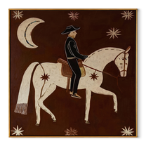 Still Hooves Carry the Morning - horse and rider painting by Isabelle Laurent, modern Western square wall art – wood frame on white background
