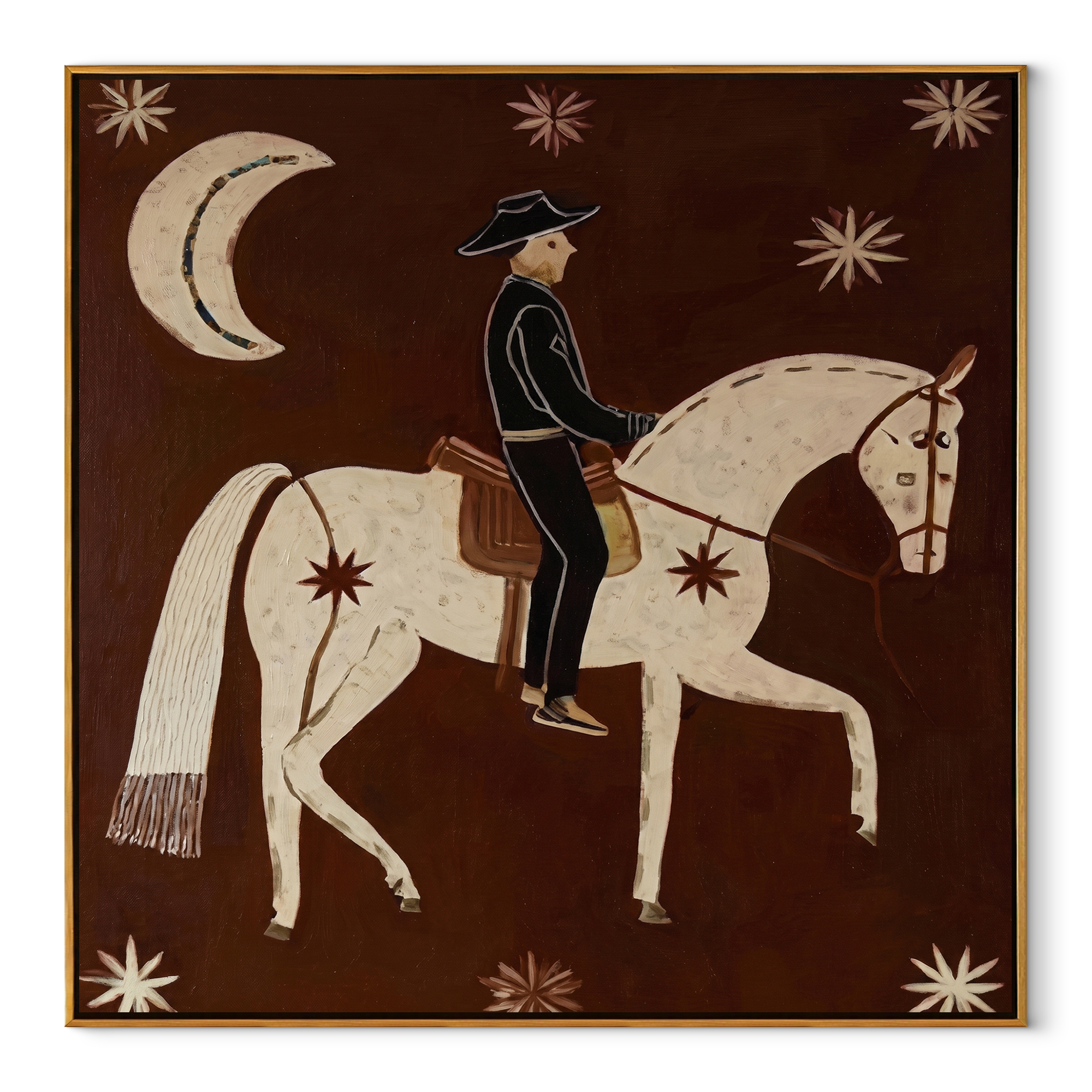 Still Hooves Carry the Morning - horse and rider painting by Isabelle Laurent, modern Western square wall art – wood frame on white background