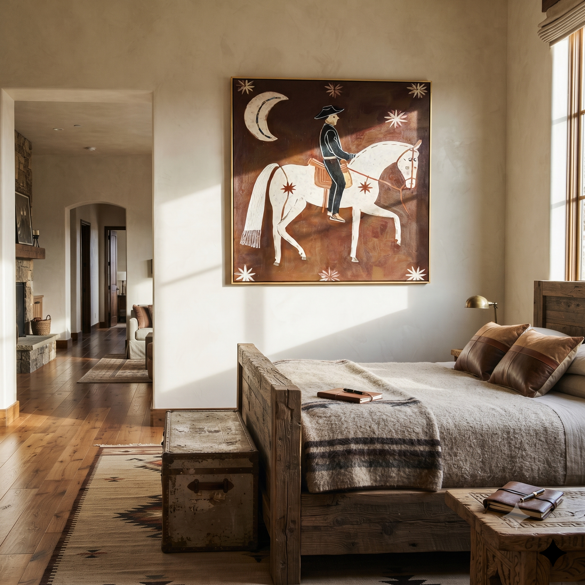 Still Hooves Carry the Morning - horse and rider painting by Isabelle Laurent, modern Western square wall art – styled room scene view 2