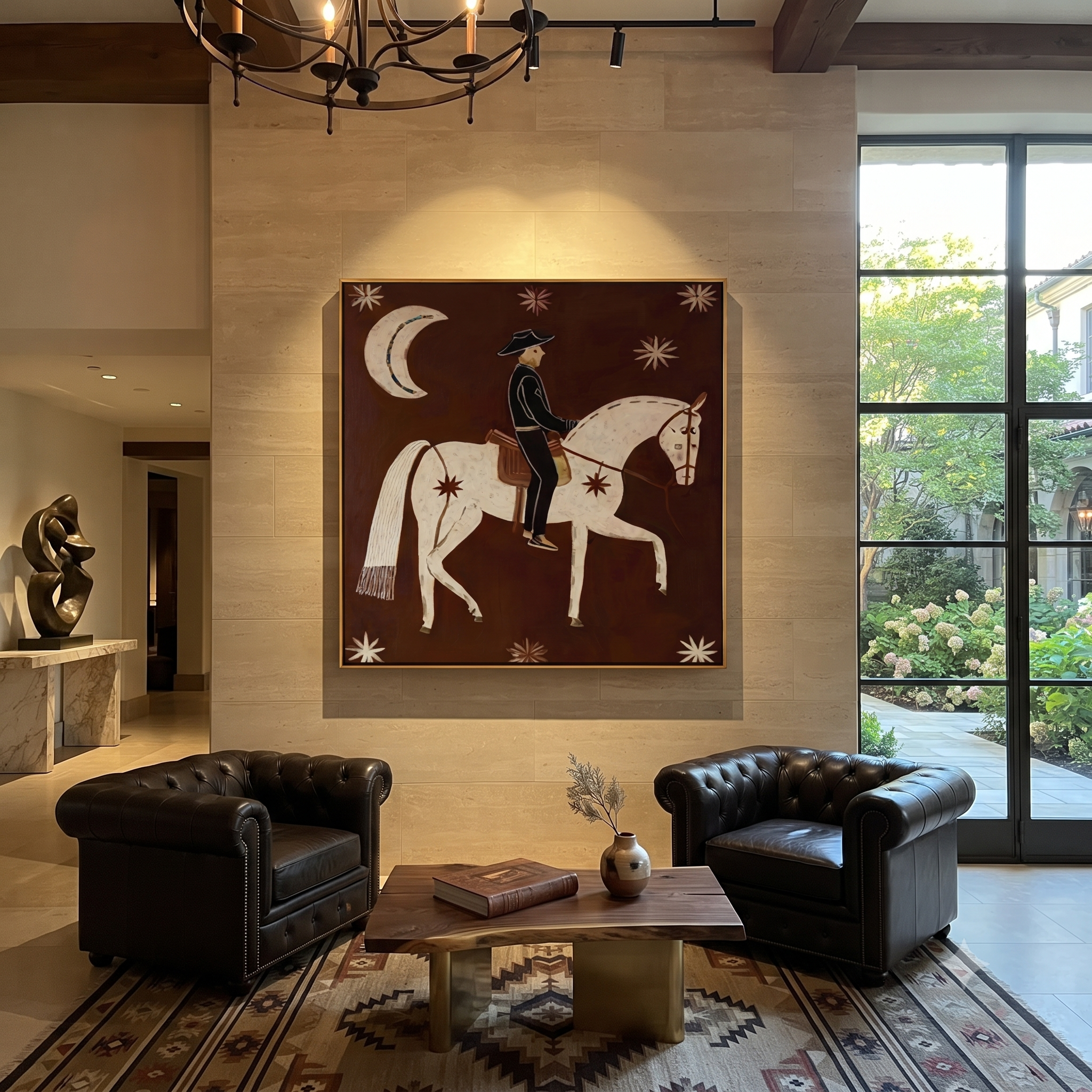 Still Hooves Carry the Morning - horse and rider painting by Isabelle Laurent, modern Western square wall art – styled room scene view 3