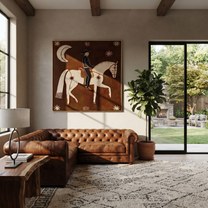 Still Hooves Carry the Morning - horse and rider painting by Isabelle Laurent, modern Western square wall art – styled room scene view 4