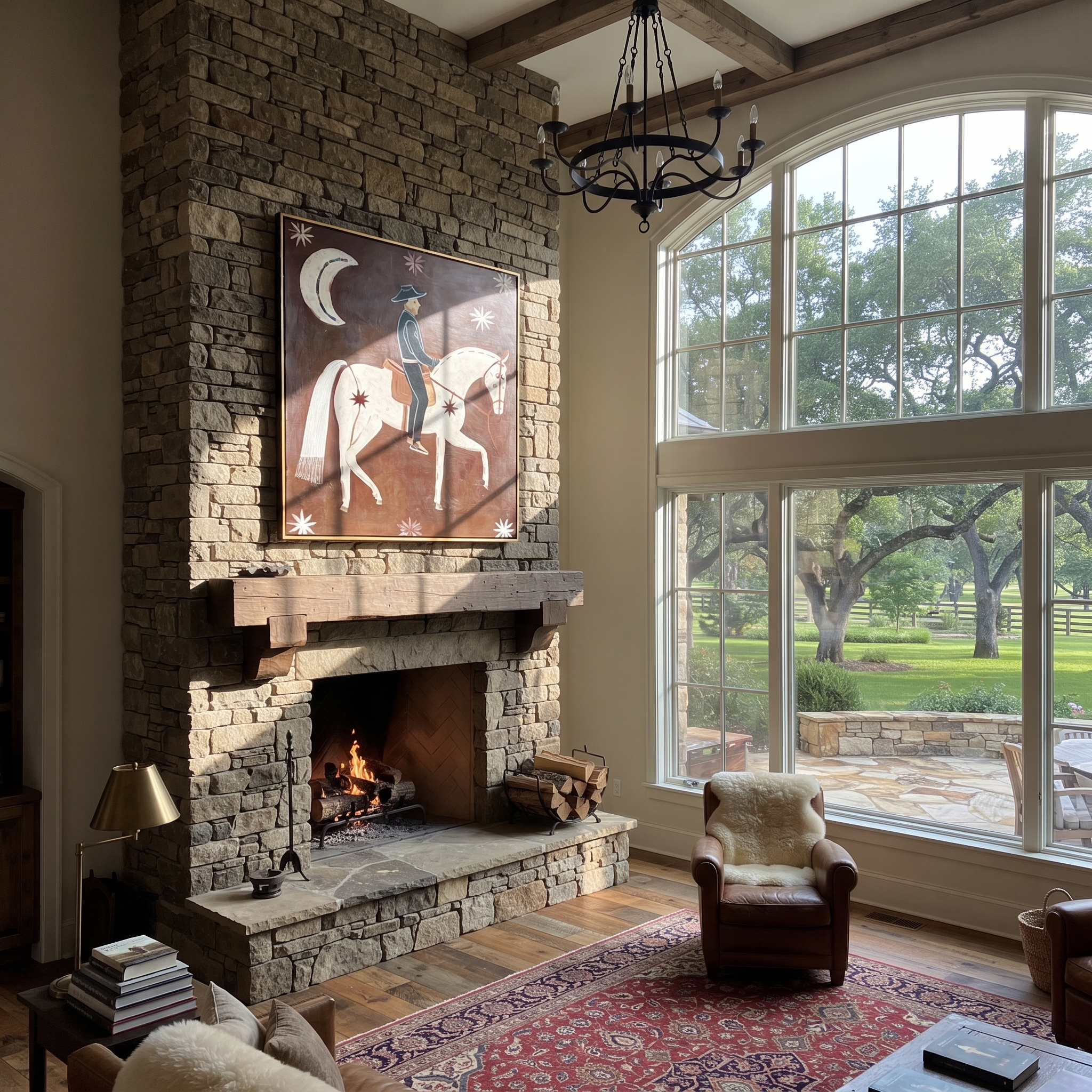 Still Hooves Carry the Morning - horse and rider painting by Isabelle Laurent, modern Western square wall art – styled room scene view 5
