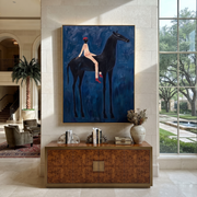 Midnight Rider Carry the Morning - horse and rider painting by Isabelle Laurent, modern Western vertical wall art – styled room scene view 1
