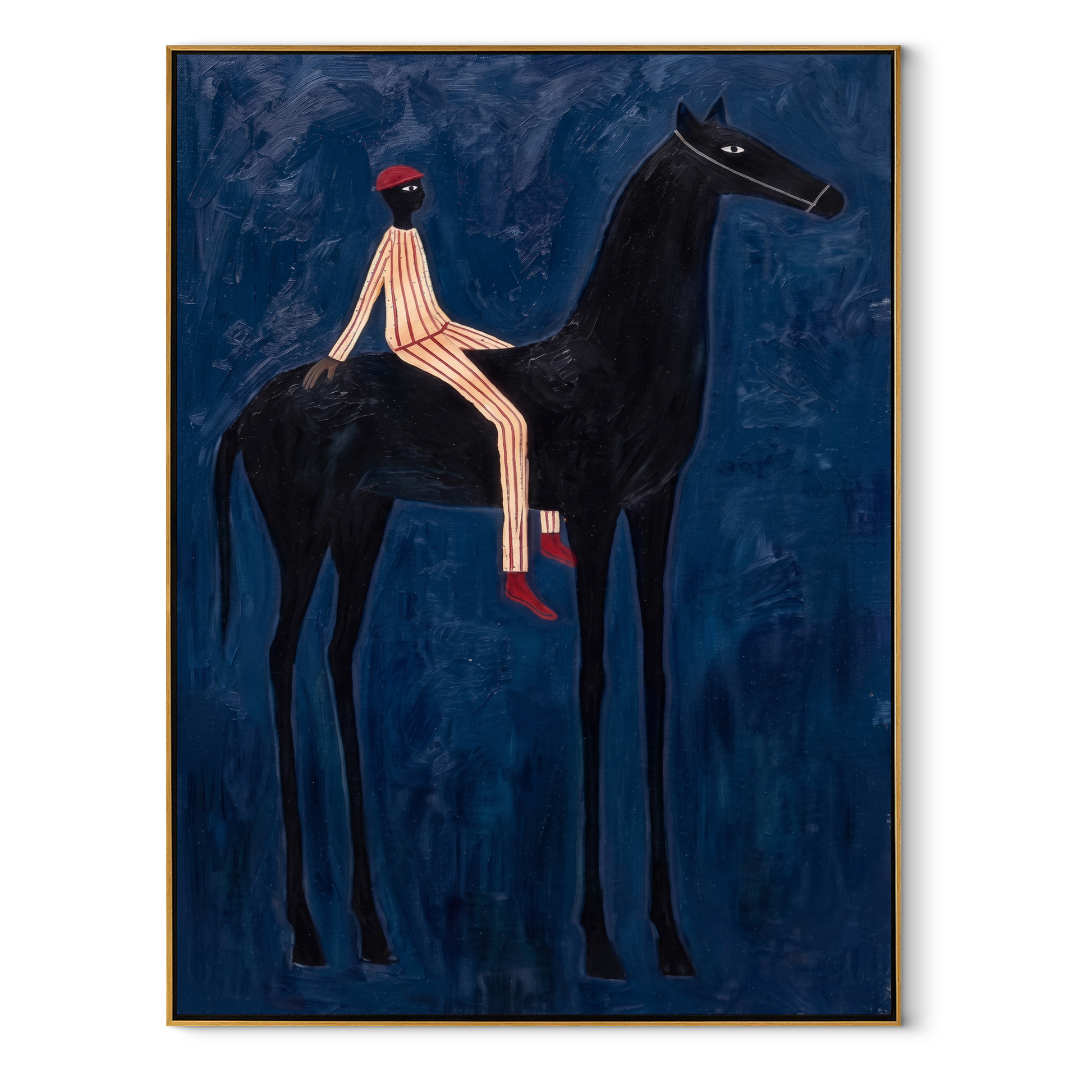 Midnight Rider Carry the Morning - horse and rider painting by Isabelle Laurent, modern Western vertical wall art – wood frame on white background
