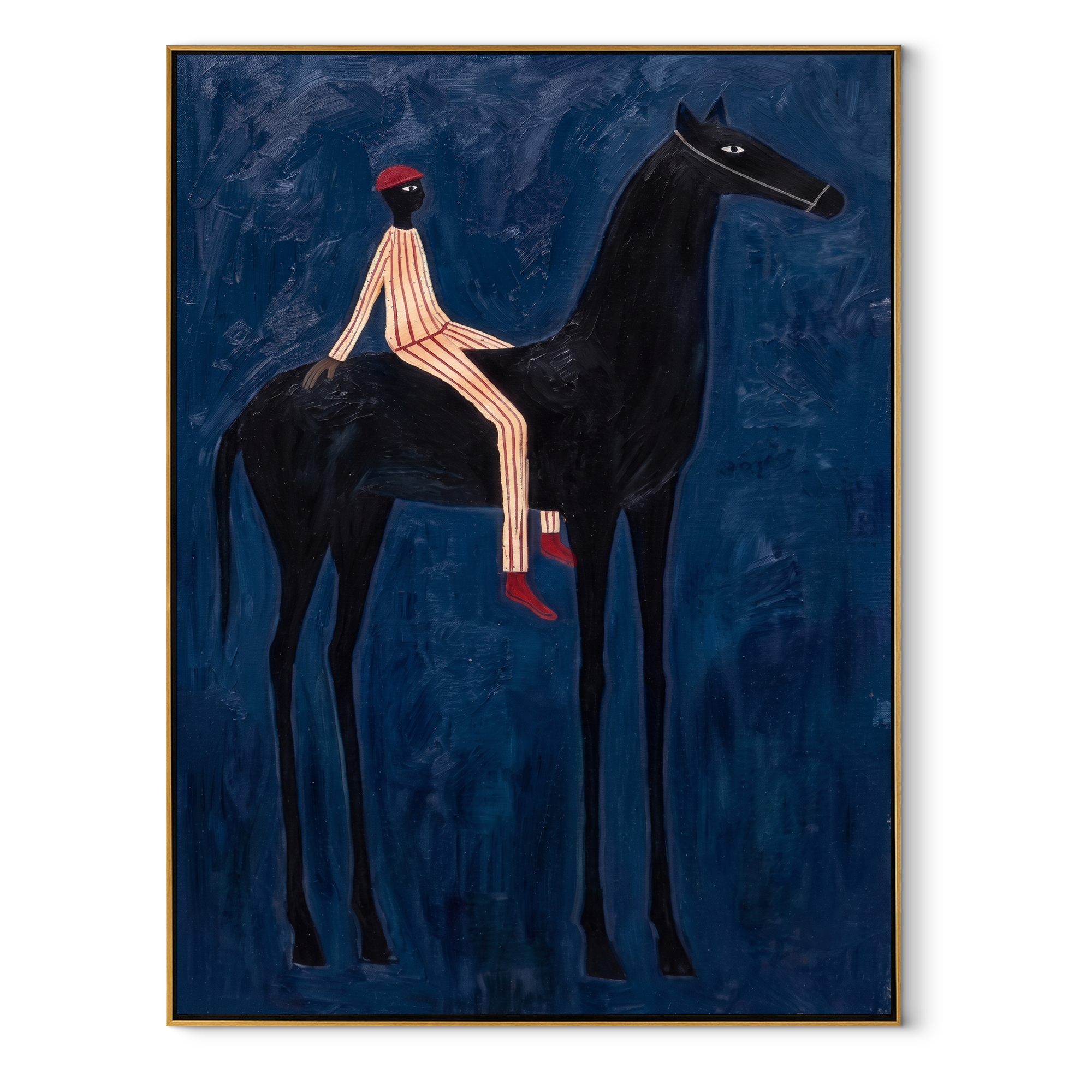 Midnight Rider Carry the Morning - horse and rider painting by Isabelle Laurent, modern Western vertical wall art – wood frame on white background