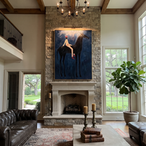 Midnight Rider Carry the Morning - horse and rider painting by Isabelle Laurent, modern Western vertical wall art – styled room scene view 2