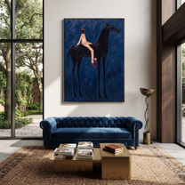 Midnight Rider Carry the Morning - horse and rider painting by Isabelle Laurent, modern Western vertical wall art – styled room scene view 3