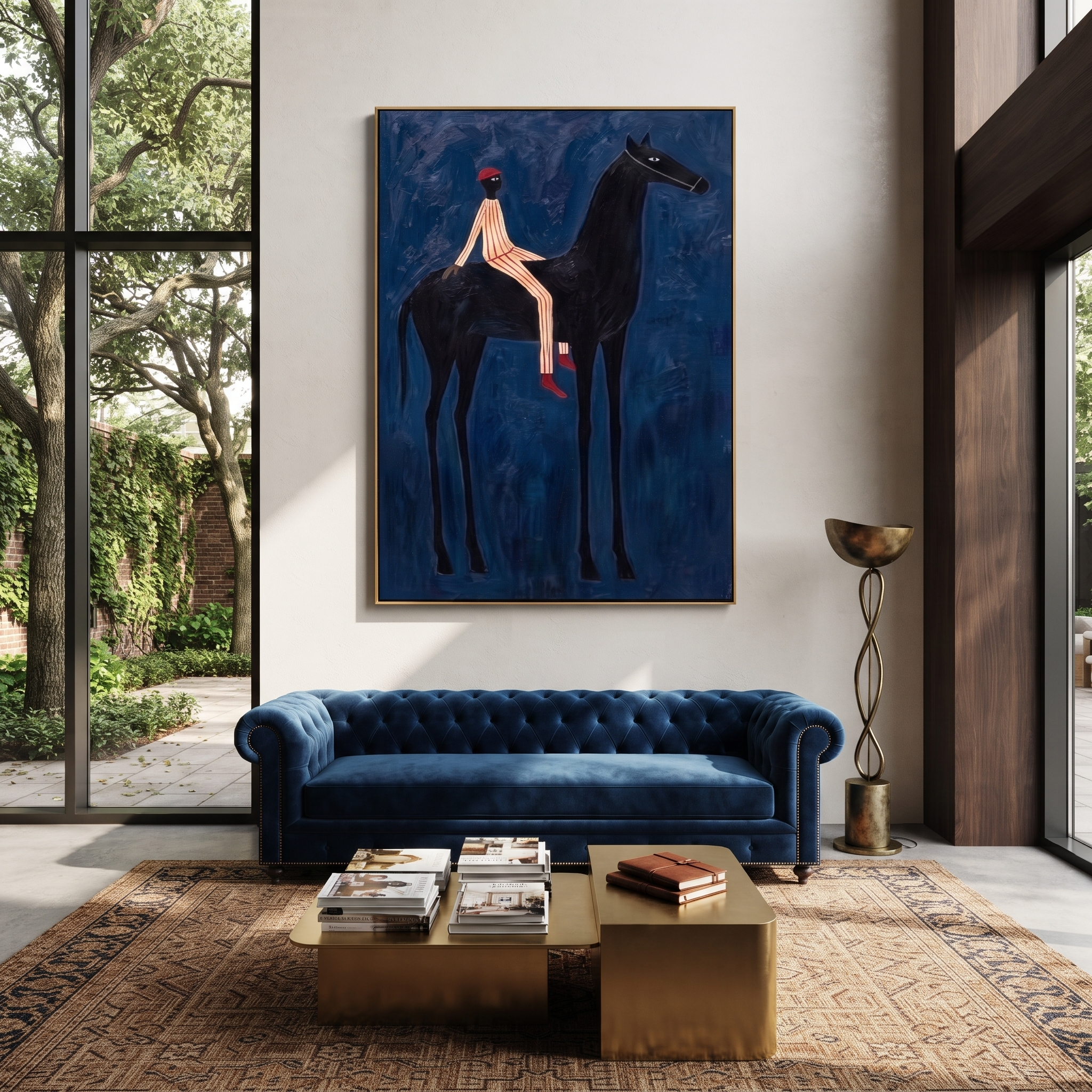 Midnight Rider Carry the Morning - horse and rider painting by Isabelle Laurent, modern Western vertical wall art – styled room scene view 3