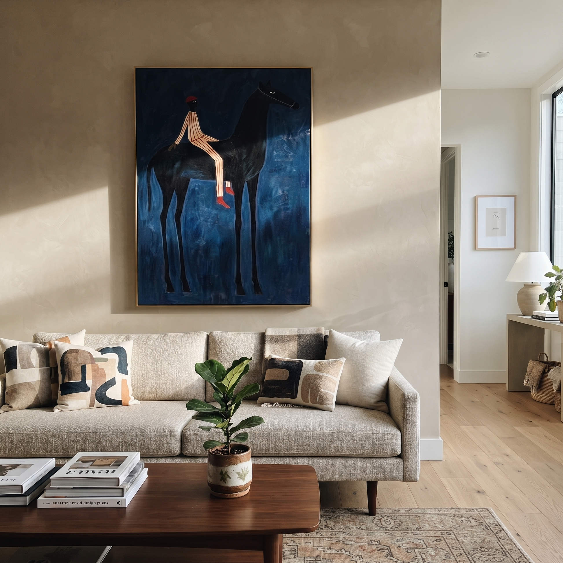 Midnight Rider Carry the Morning - horse and rider painting by Isabelle Laurent, modern Western vertical wall art – styled room scene view 4