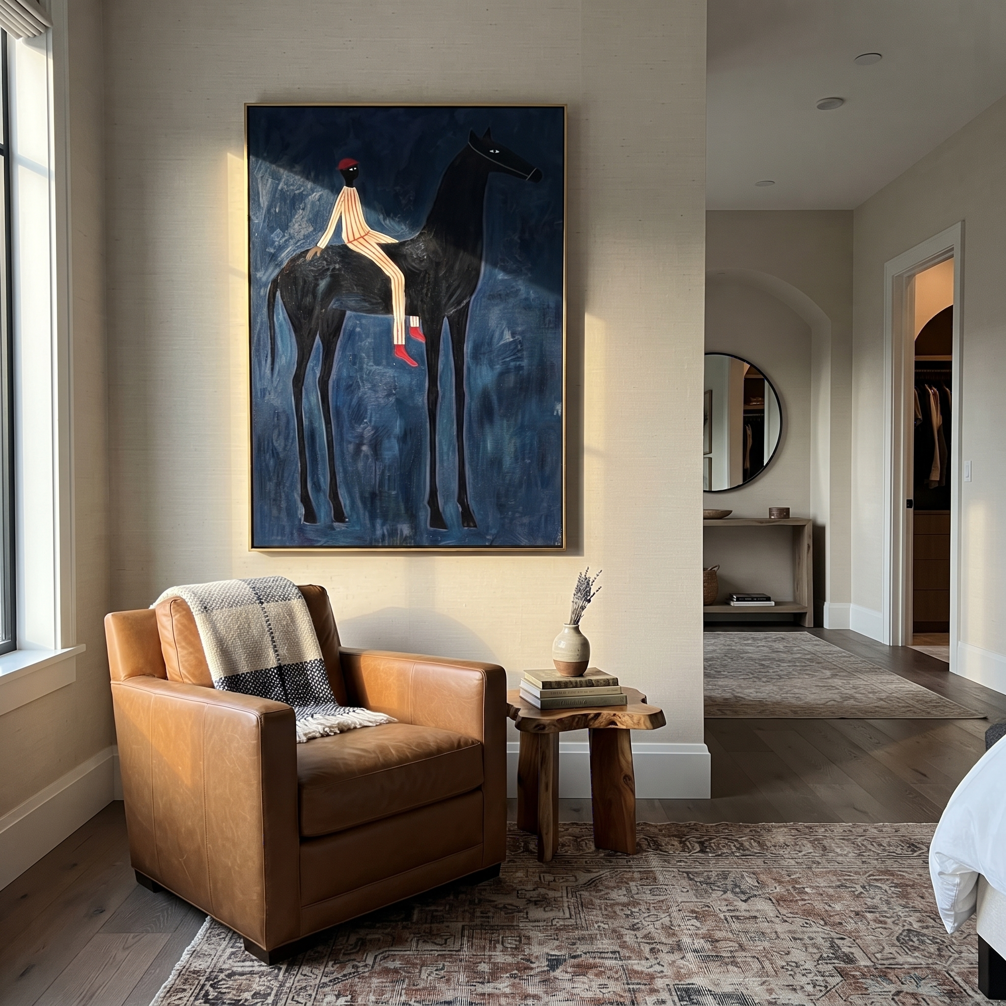 Midnight Rider Carry the Morning - horse and rider painting by Isabelle Laurent, modern Western vertical wall art – styled room scene view 5