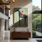 Quiet Reins Carry the Morning - horse and rider painting by Isabelle Laurent, modern Western vertical wall art – styled room scene view 1