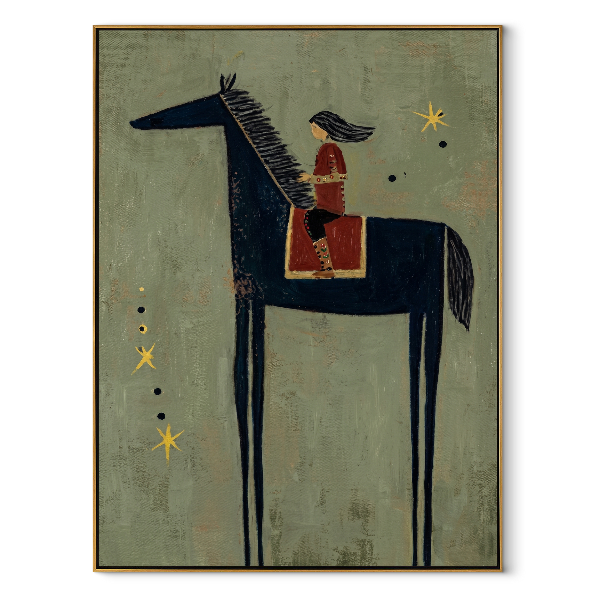 Quiet Reins Carry the Morning - horse and rider painting by Isabelle Laurent, modern Western vertical wall art – wood frame on white background
