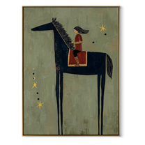 Quiet Reins Carry the Morning - horse and rider painting by Isabelle Laurent, modern Western vertical wall art – wood frame on white background