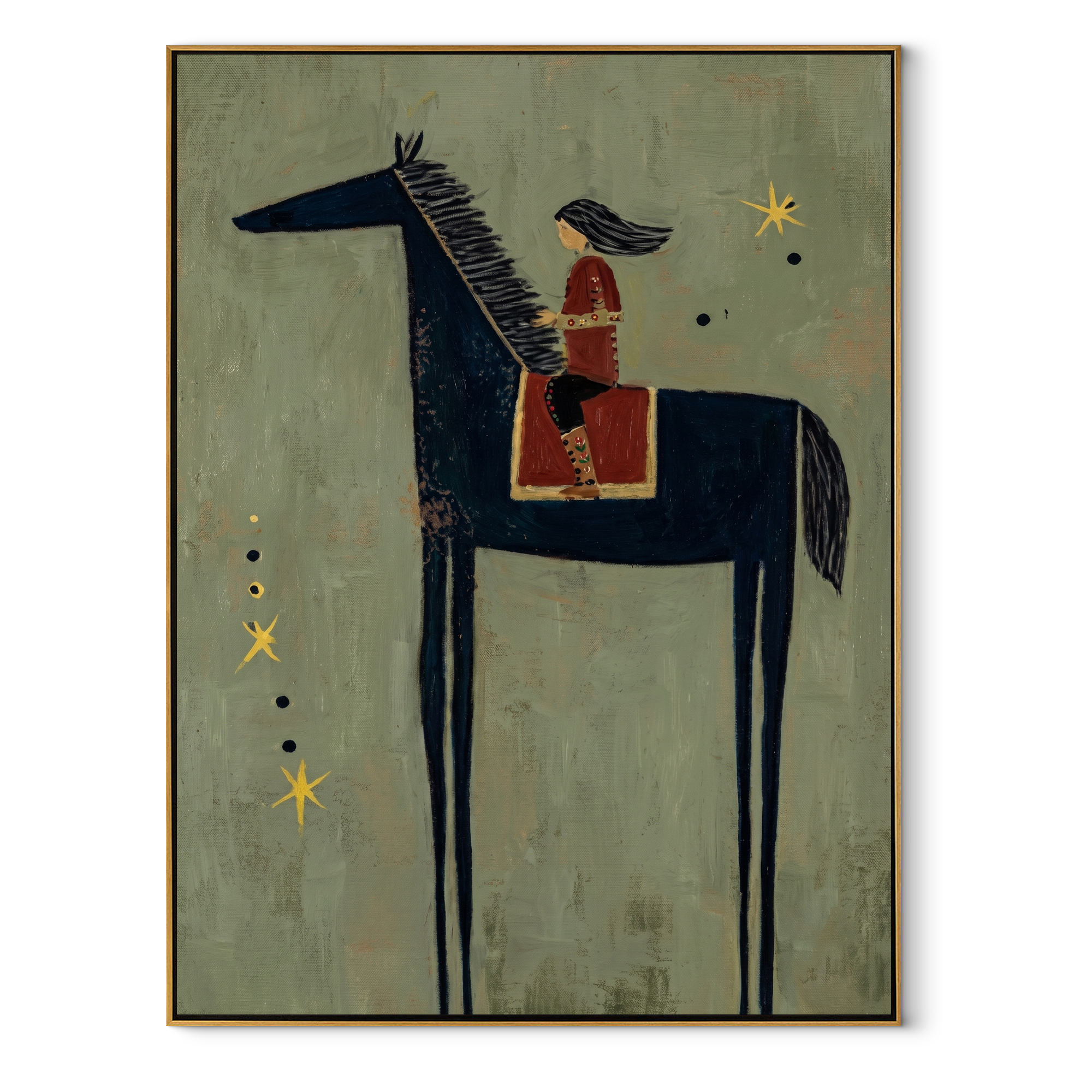 Quiet Reins Carry the Morning - horse and rider painting by Isabelle Laurent, modern Western vertical wall art – wood frame on white background