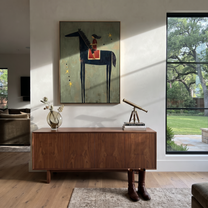 Quiet Reins Carry the Morning - horse and rider painting by Isabelle Laurent, modern Western vertical wall art – styled room scene view 2