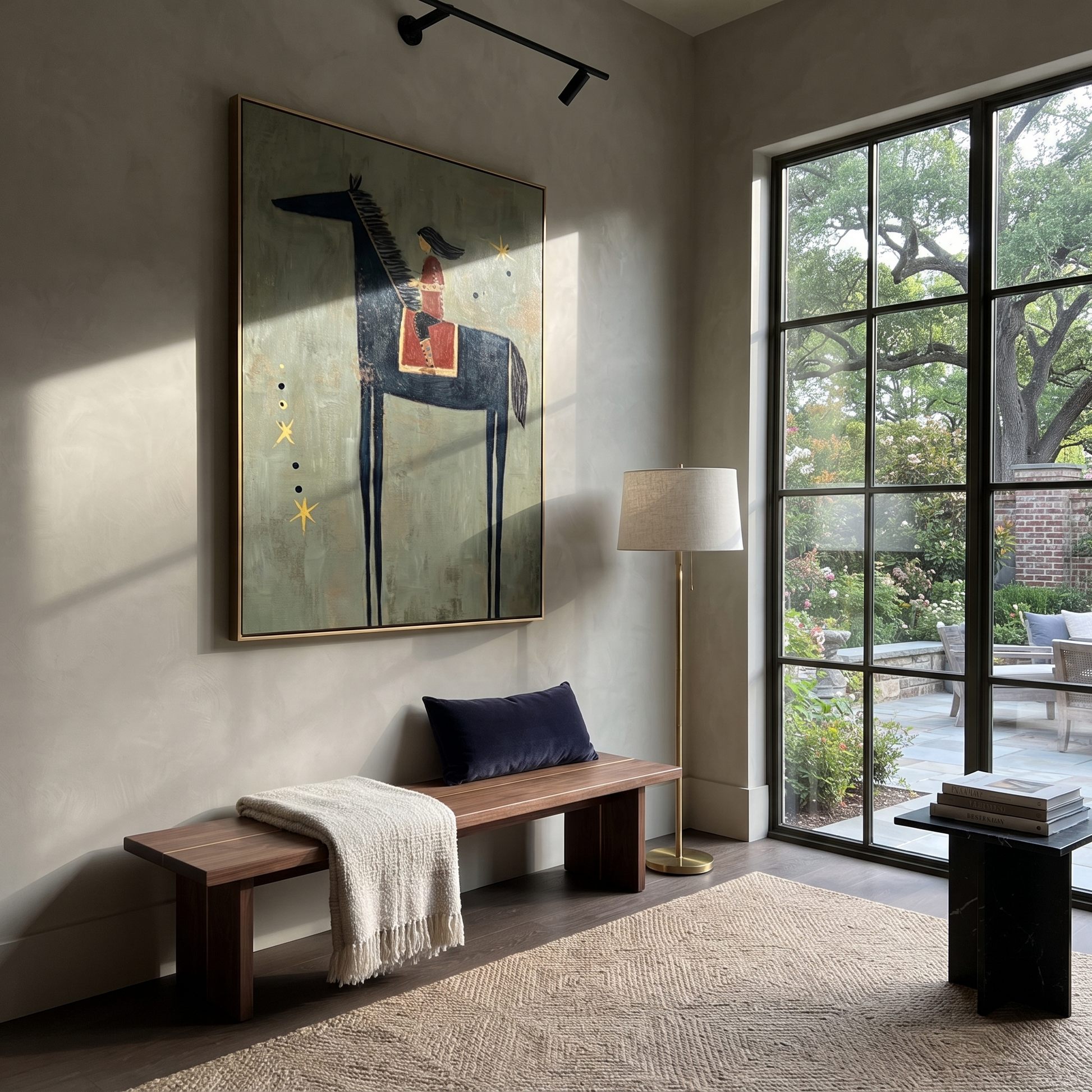 Quiet Reins Carry the Morning - horse and rider painting by Isabelle Laurent, modern Western vertical wall art – styled room scene view 3