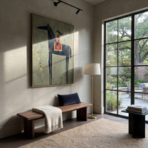 Quiet Reins Carry the Morning - horse and rider painting by Isabelle Laurent, modern Western vertical wall art – styled room scene view 3