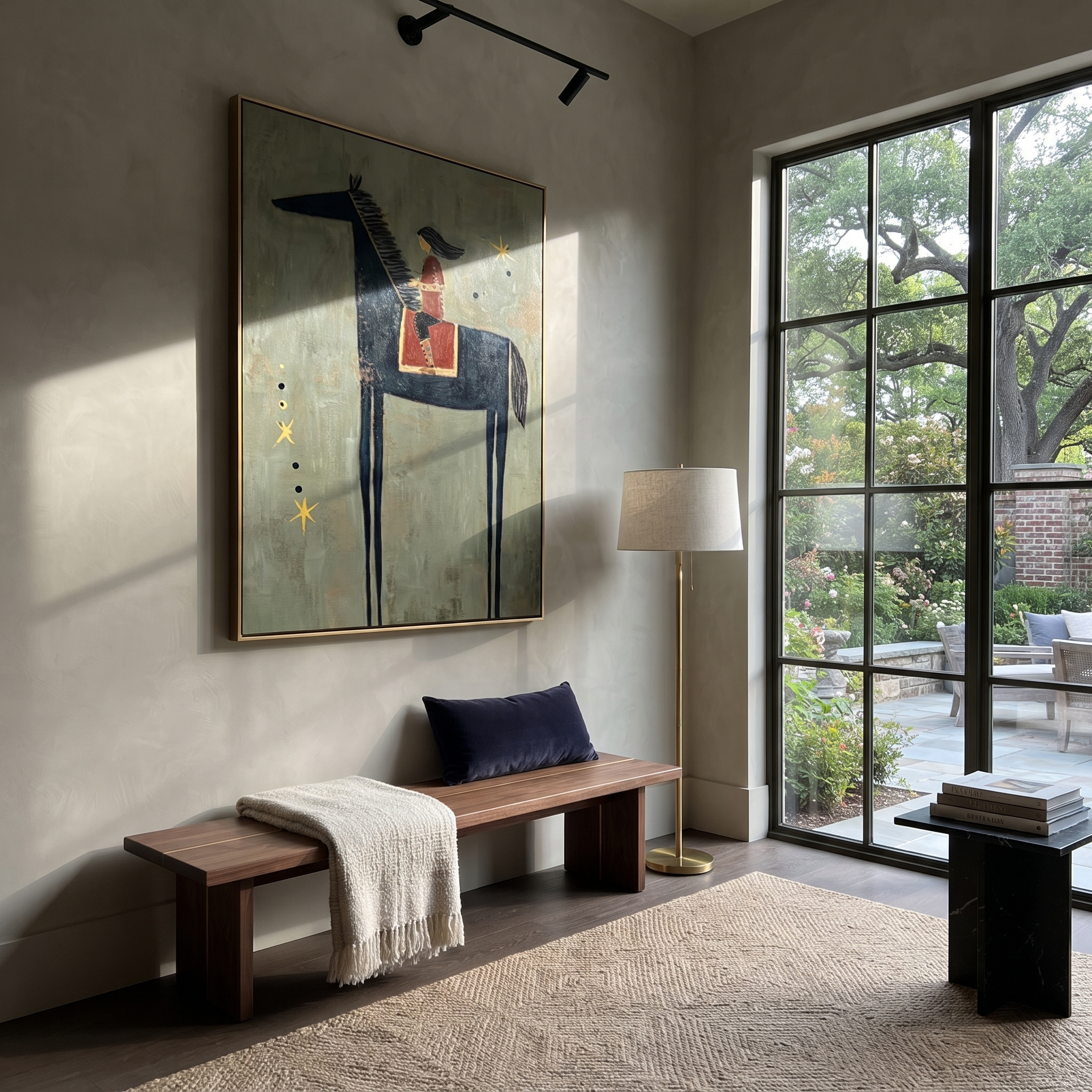 Quiet Reins Carry the Morning - horse and rider painting by Isabelle Laurent, modern Western vertical wall art – styled room scene view 3