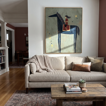 Quiet Reins Carry the Morning - horse and rider painting by Isabelle Laurent, modern Western vertical wall art – styled room scene view 4