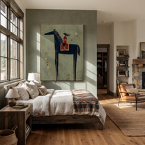 Quiet Reins Carry the Morning - horse and rider painting by Isabelle Laurent, modern Western vertical wall art – styled room scene view 5