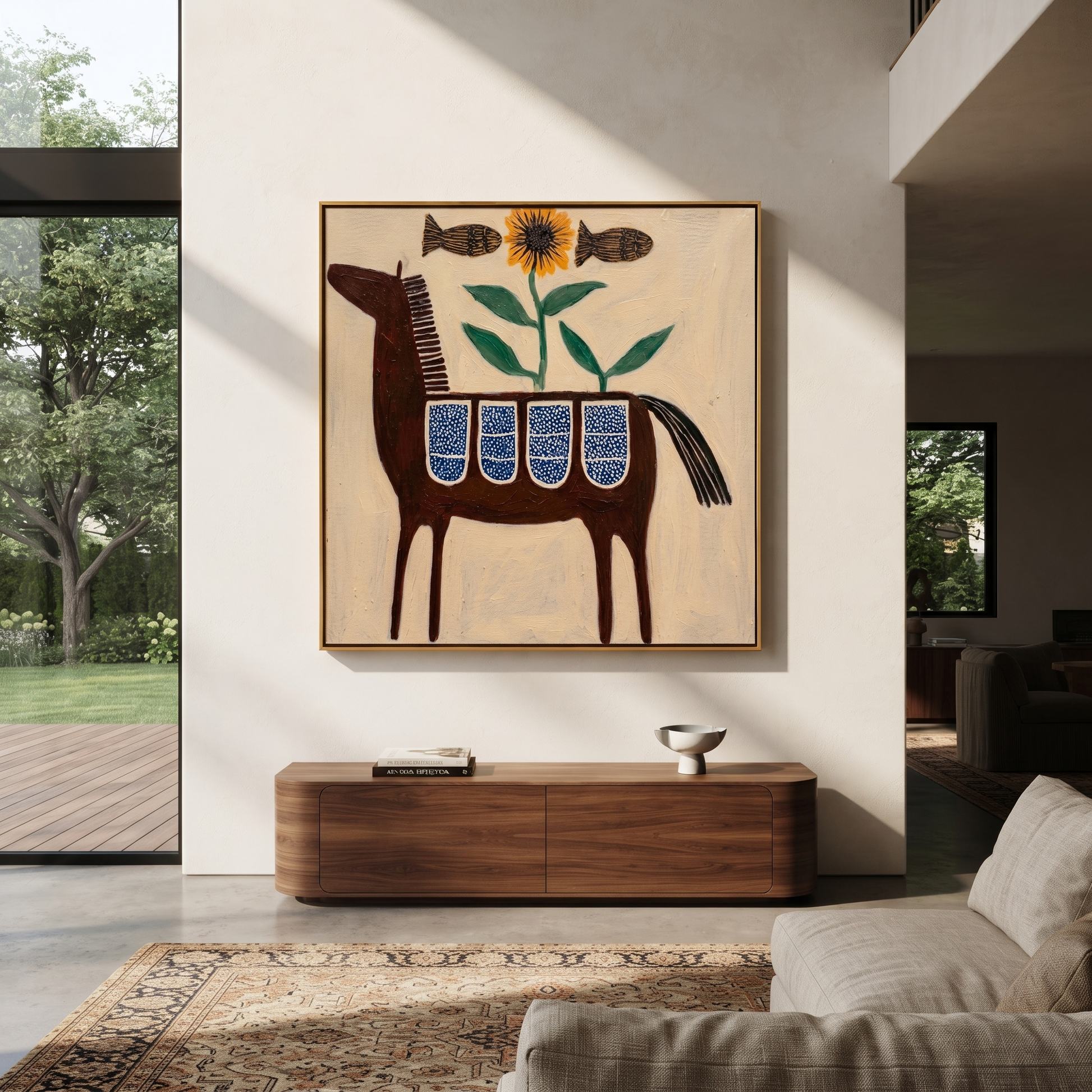 Painted Saddle Carry the Morning - folk horse painting by Isabelle Laurent, modern Western square wall art – styled room scene view 1