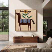 Painted Saddle Carry the Morning - folk horse painting by Isabelle Laurent, modern Western square wall art – styled room scene view 1