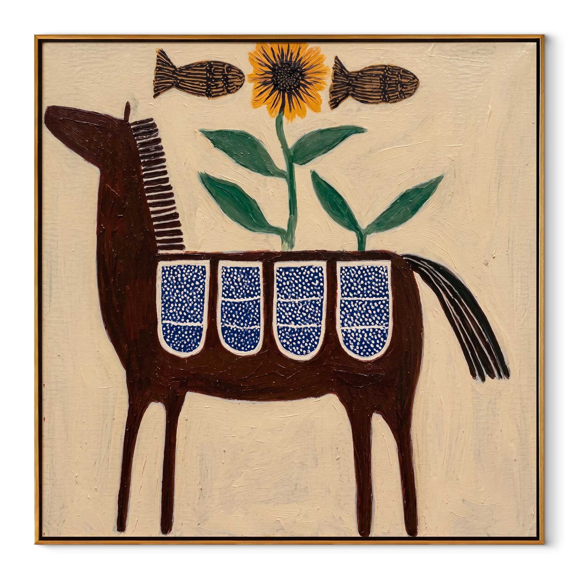 Painted Saddle Carry the Morning - folk horse painting by Isabelle Laurent, modern Western square wall art – wood frame on white background