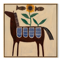Painted Saddle Carry the Morning - folk horse painting by Isabelle Laurent, modern Western square wall art – wood frame on white background