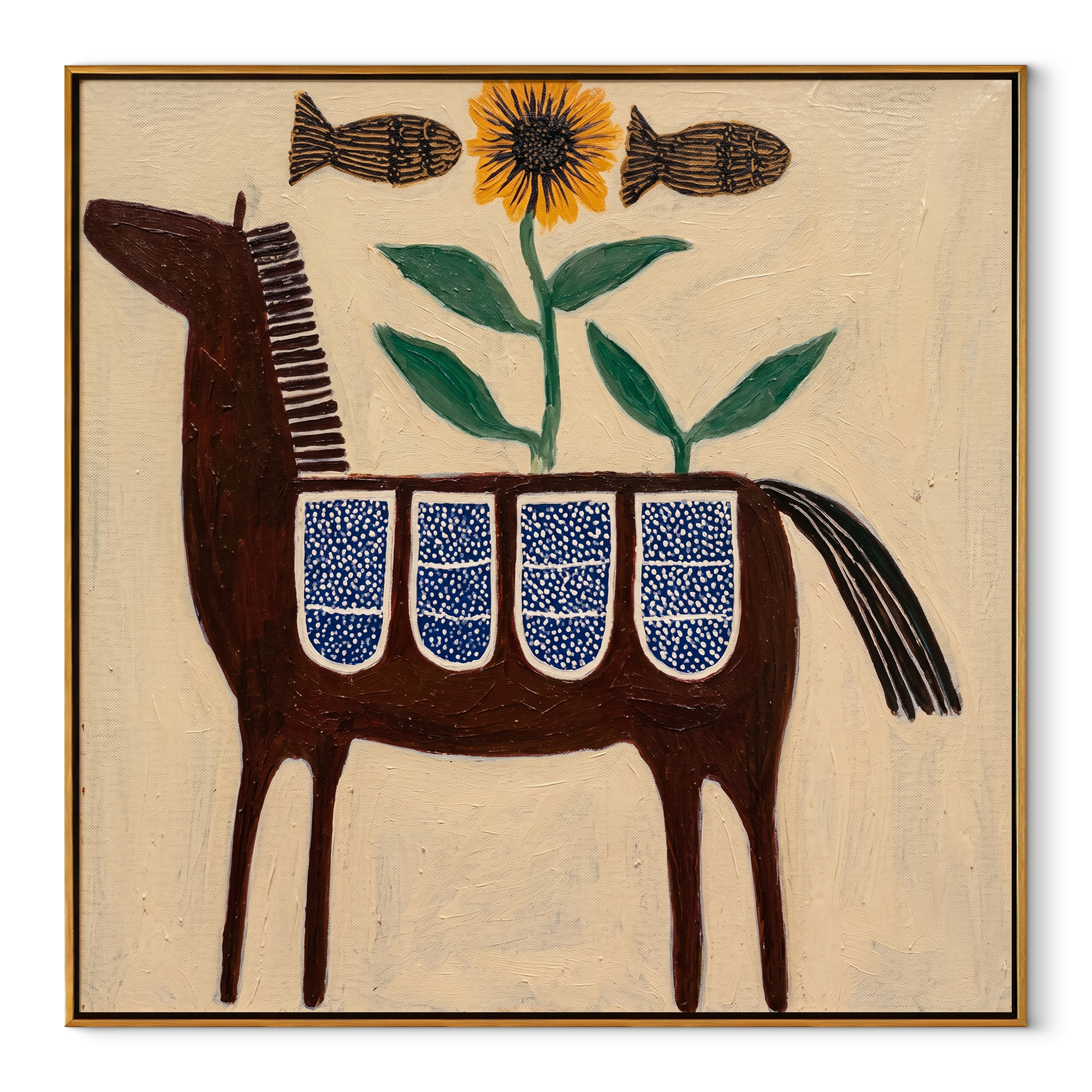 Painted Saddle Carry the Morning - folk horse painting by Isabelle Laurent, modern Western square wall art – wood frame on white background