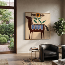 Painted Saddle Carry the Morning - folk horse painting by Isabelle Laurent, modern Western square wall art – styled room scene view 3
