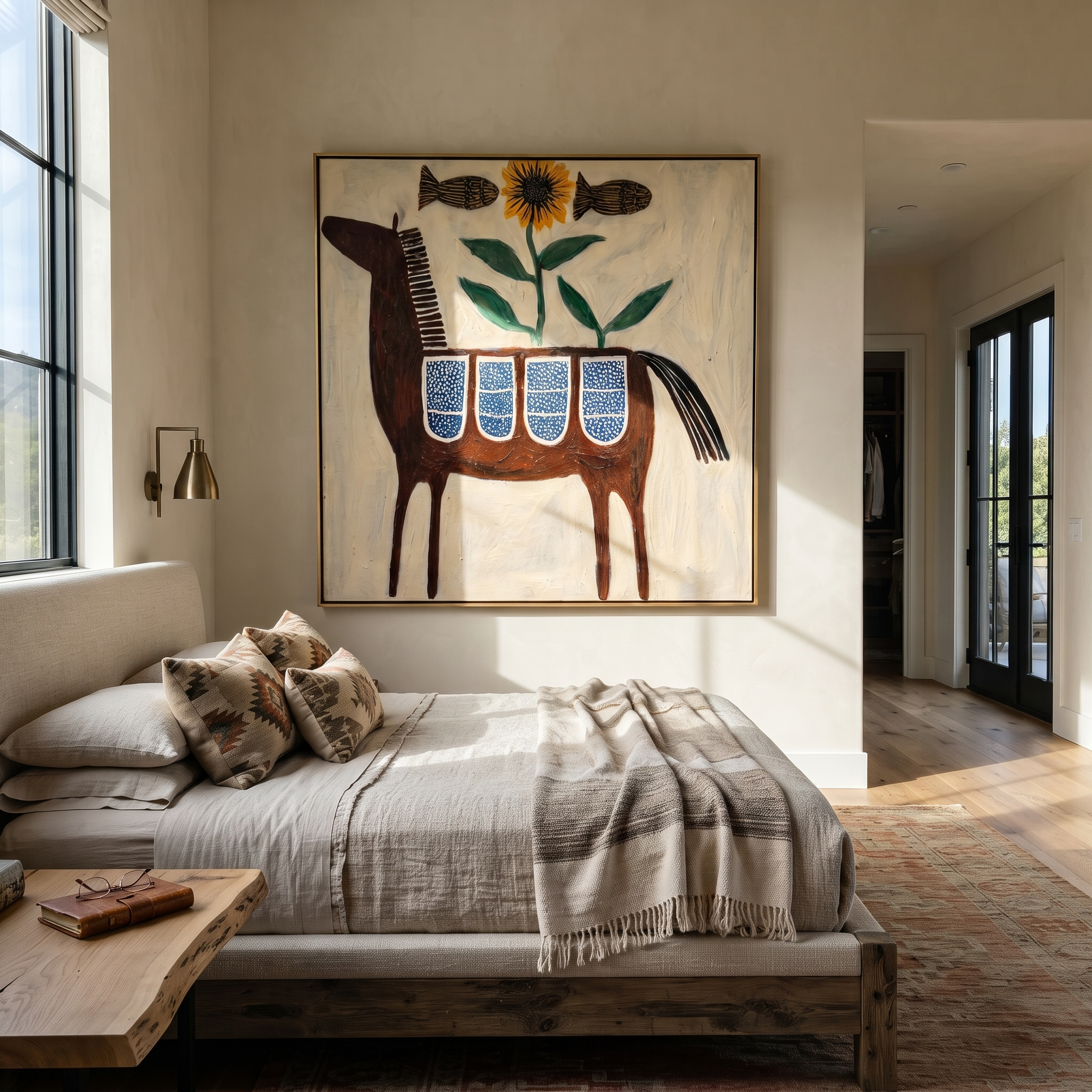 Painted Saddle Carry the Morning - folk horse painting by Isabelle Laurent, modern Western square wall art – styled room scene view 4