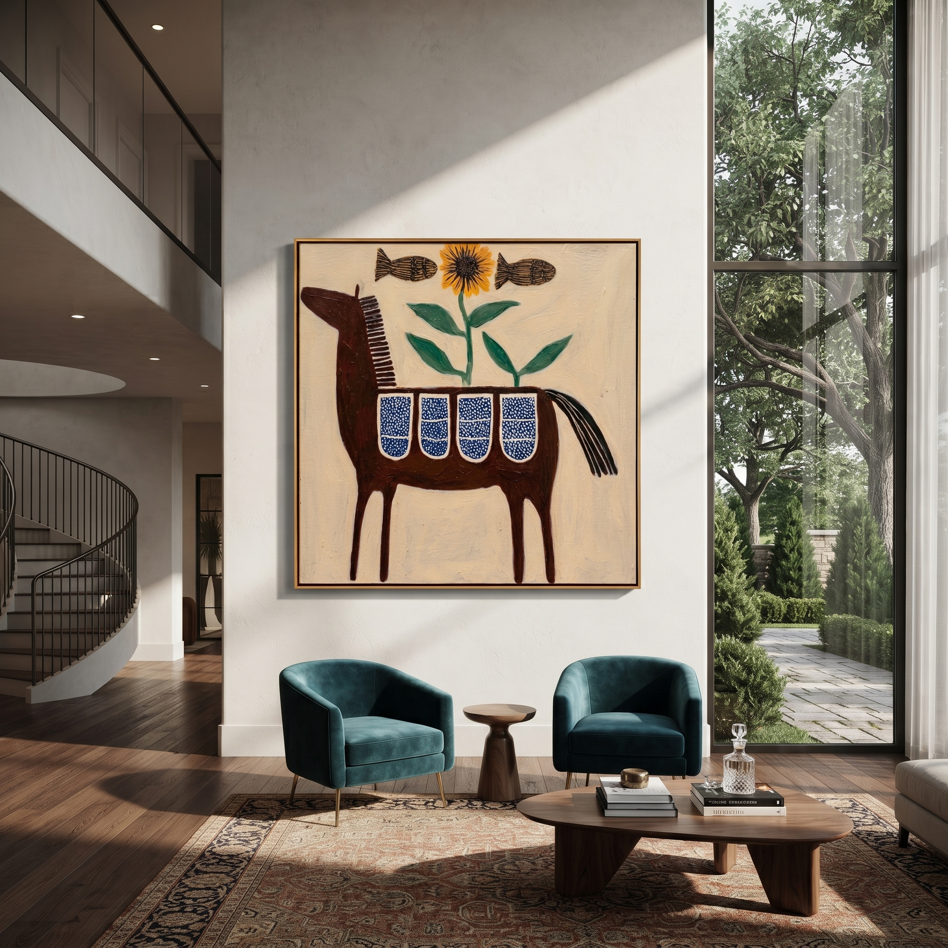 Painted Saddle Carry the Morning - folk horse painting by Isabelle Laurent, modern Western square wall art – styled room scene view 5
