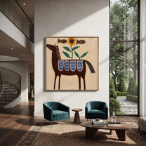 Painted Saddle Carry the Morning - folk horse painting by Isabelle Laurent, modern Western square wall art – styled room scene view 5
