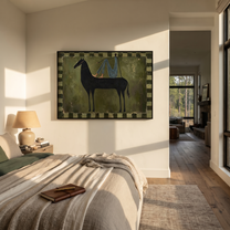 Long Mane Carry the Morning - modern horse portrait by Isabelle Laurent, modern Western horizontal wall art – styled room scene view 1
