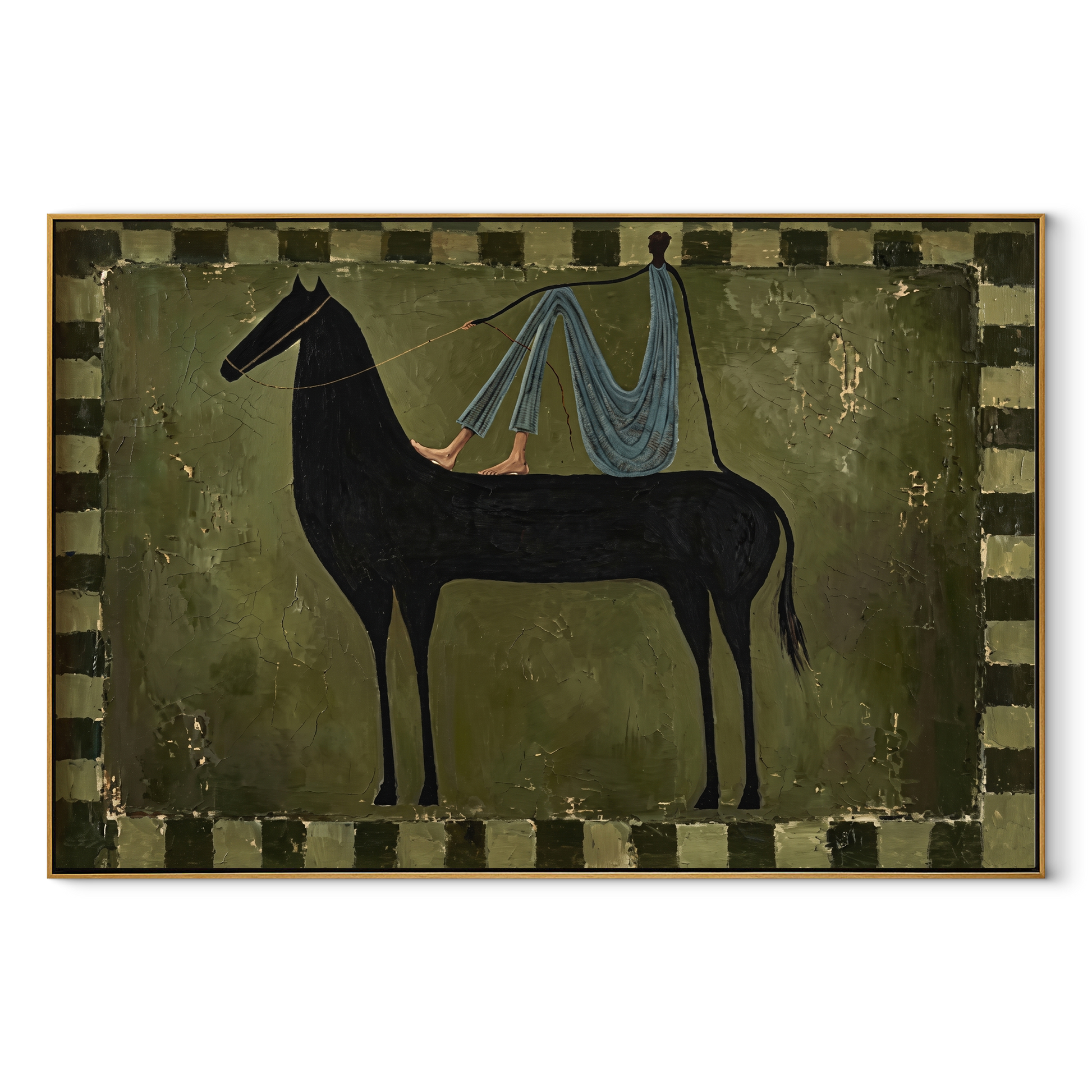 Long Mane Carry the Morning - modern horse portrait by Isabelle Laurent, modern Western horizontal wall art – wood frame on white background
