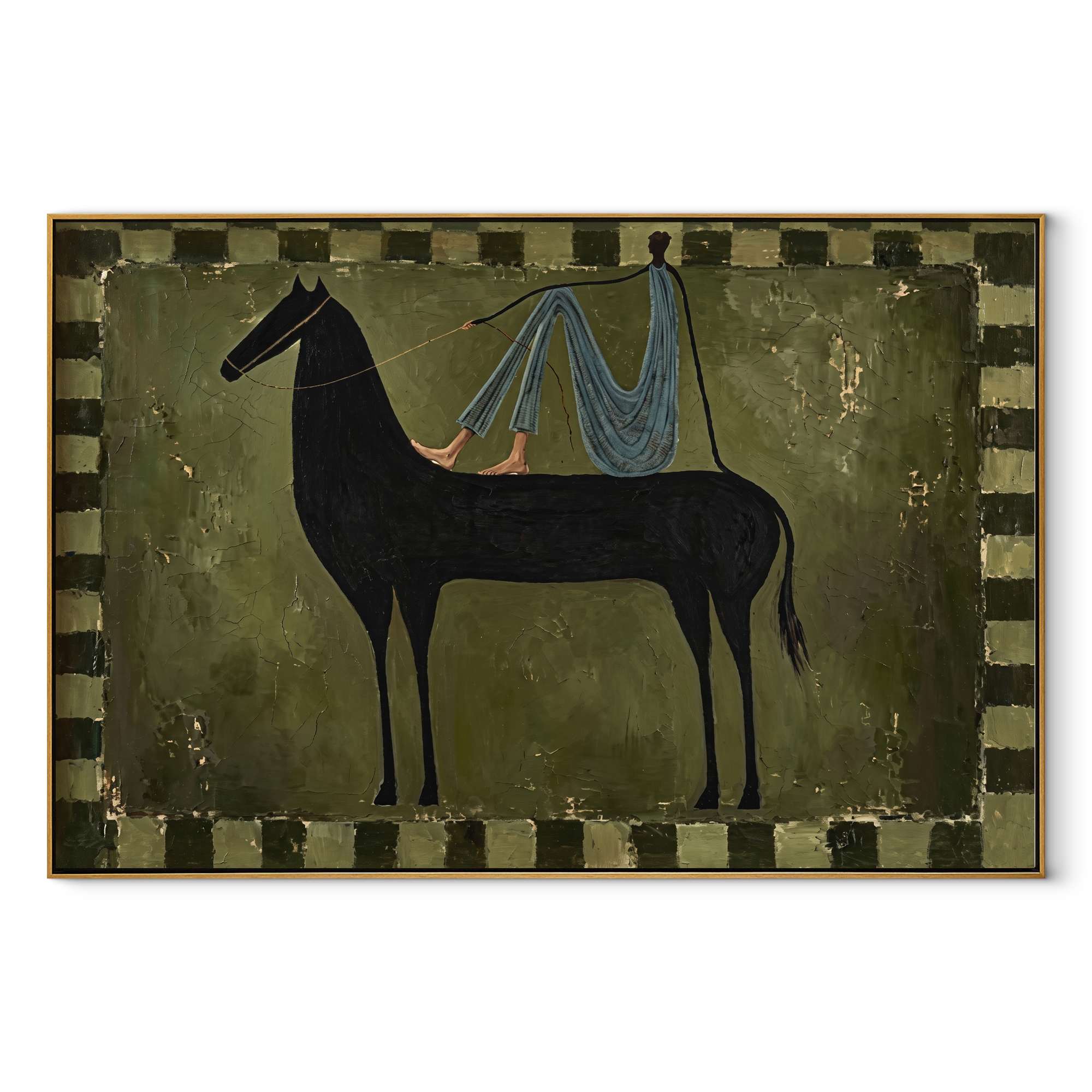 Long Mane Carry the Morning - modern horse portrait by Isabelle Laurent, modern Western horizontal wall art – wood frame on white background