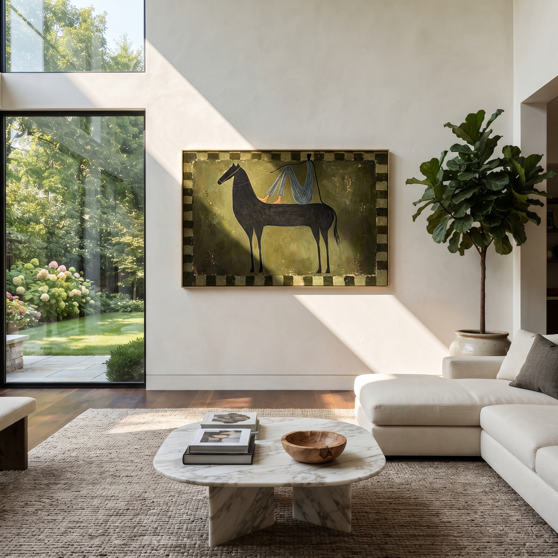 Long Mane Carry the Morning - modern horse portrait by Isabelle Laurent, modern Western horizontal wall art – styled room scene view 3