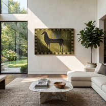 Long Mane Carry the Morning - modern horse portrait by Isabelle Laurent, modern Western horizontal wall art – styled room scene view 3