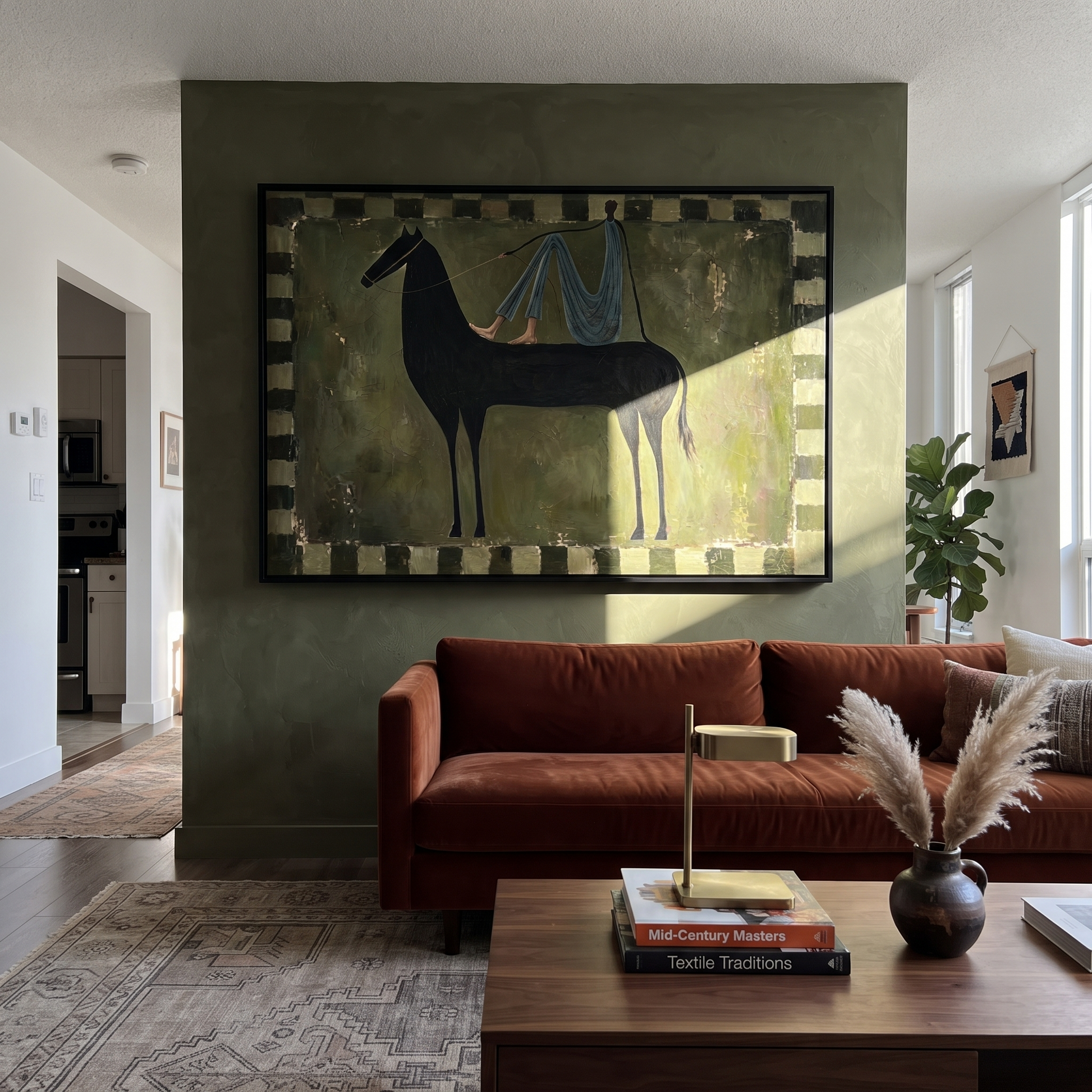 Long Mane Carry the Morning - modern horse portrait by Isabelle Laurent, modern Western horizontal wall art – styled room scene view 5