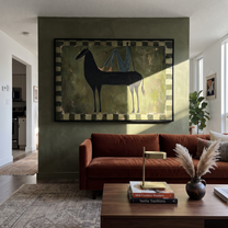 Long Mane Carry the Morning - modern horse portrait by Isabelle Laurent, modern Western horizontal wall art – styled room scene view 5