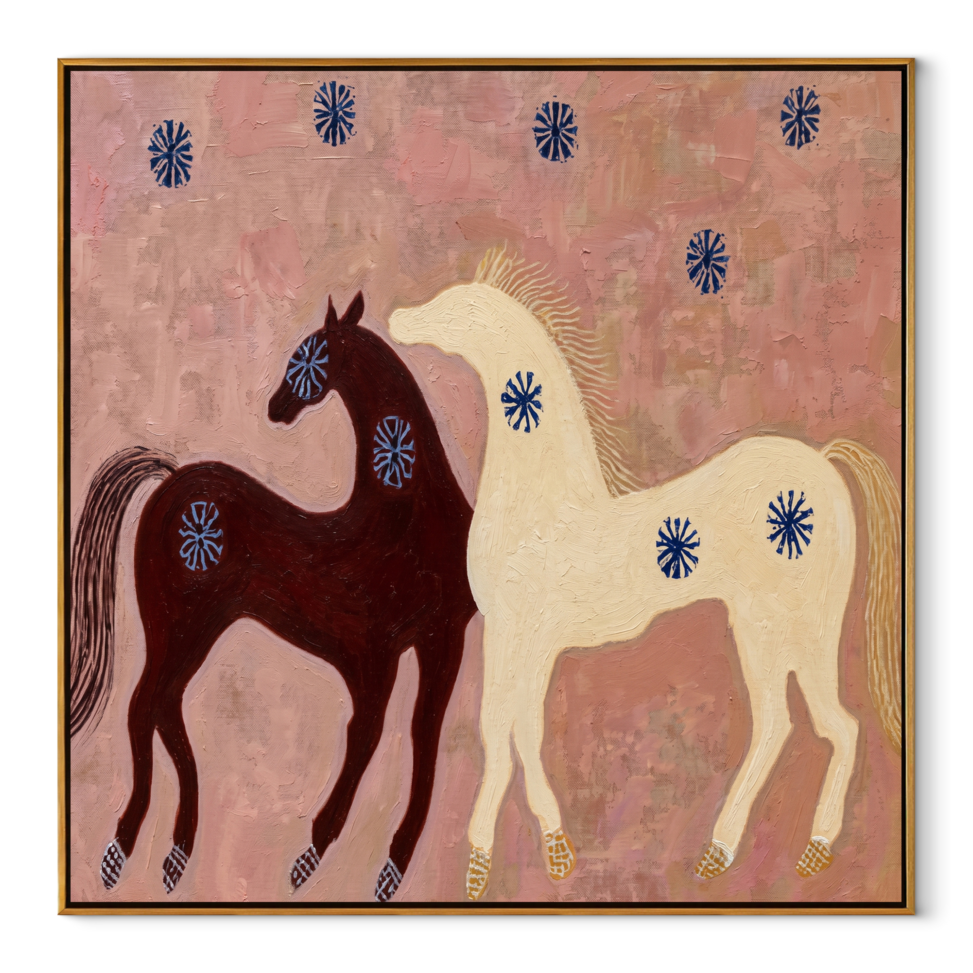 Western Stars Carry the Morning - two horse painting by Isabelle Laurent, modern Western square wall art – wood frame on white background