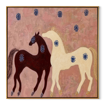 Western Stars Carry the Morning - two horse painting by Isabelle Laurent, modern Western square wall art – wood frame on white background