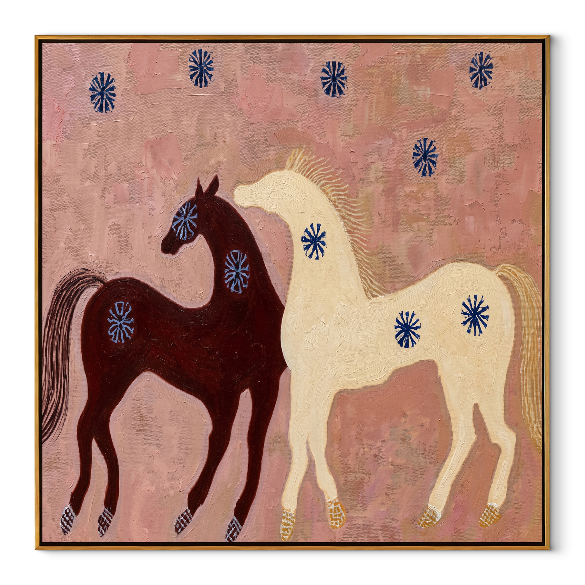 Western Stars Carry the Morning - two horse painting by Isabelle Laurent, modern Western square wall art – wood frame on white background