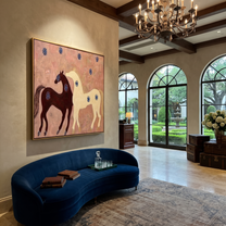 Western Stars Carry the Morning - two horse painting by Isabelle Laurent, modern Western square wall art – styled room scene view 2