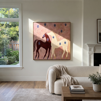 Western Stars Carry the Morning - two horse painting by Isabelle Laurent, modern Western square wall art – styled room scene view 3