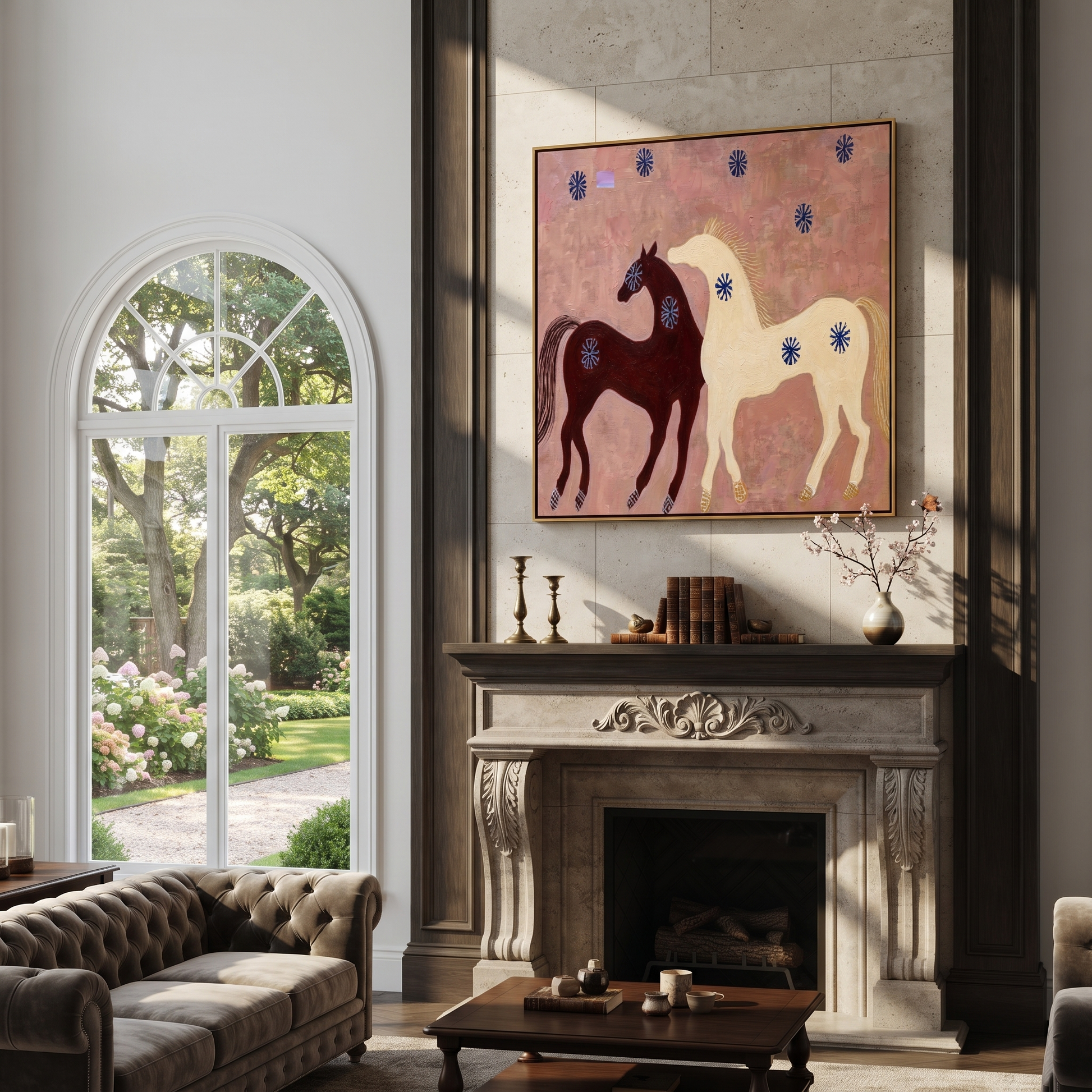 Western Stars Carry the Morning - two horse painting by Isabelle Laurent, modern Western square wall art – styled room scene view 4