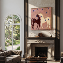 Western Stars Carry the Morning - two horse painting by Isabelle Laurent, modern Western square wall art – styled room scene view 4